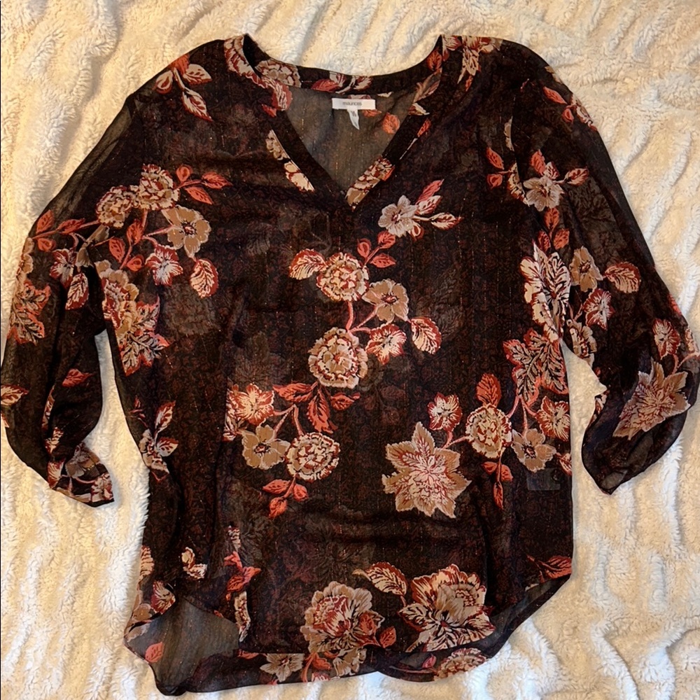 Floral Sheer Brown and Burgundy Women's Top